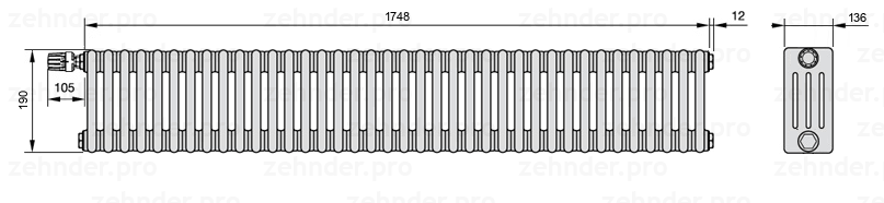 Схема (чертеж) Радиатор Zehnder Charleston 4019/38 №V012 Белый глянцевый RAL 9016